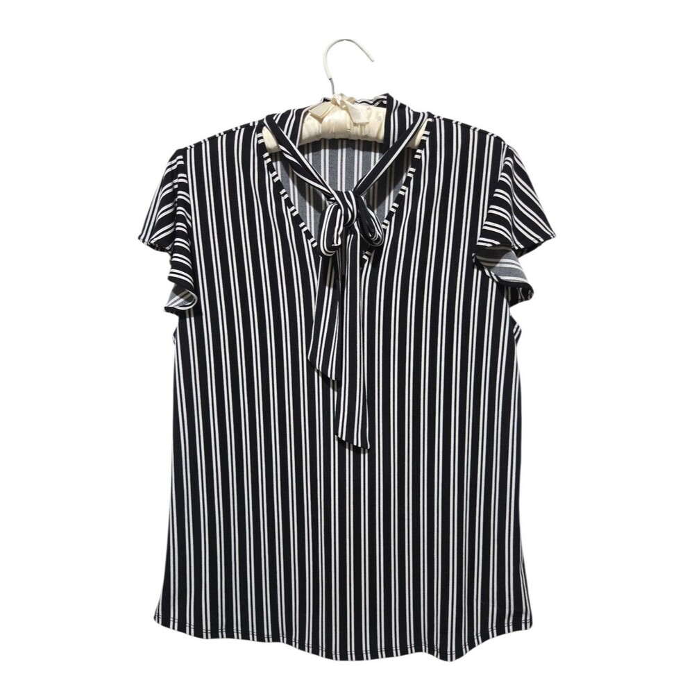 Adrianna Papell Striped Tie-Neck Black & White Blouse Flutter Sleeves Size Large